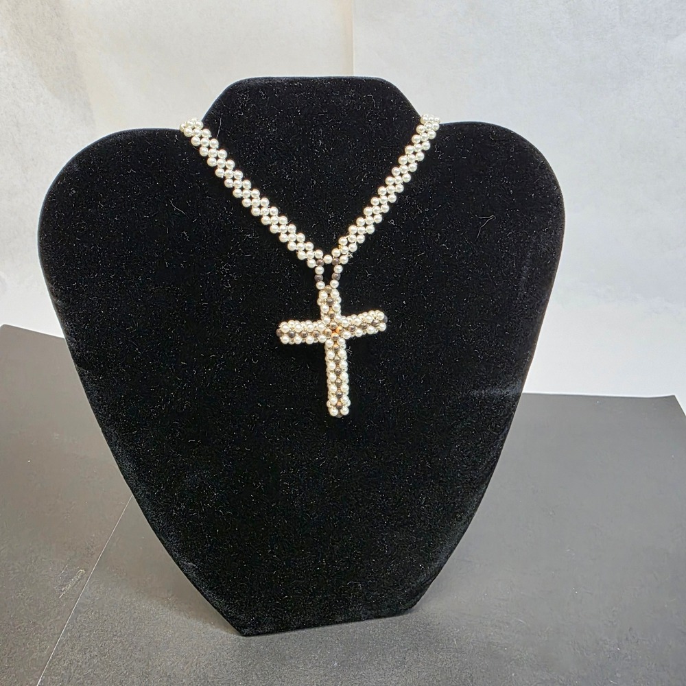 Woven Faux Pearl Seed Beaded Cross Pendant Necklace Cream Bronze